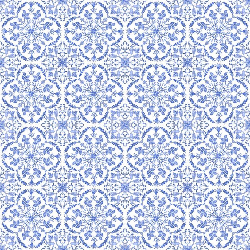 Fabric Northcott White/Blue Tile Delft Dynasty by the Quarter Yard 28357-10