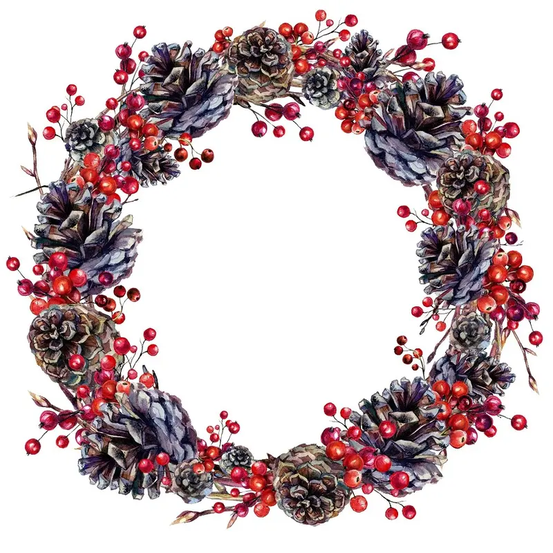 Pinecones & Red Berries Wreath Fabric Panel