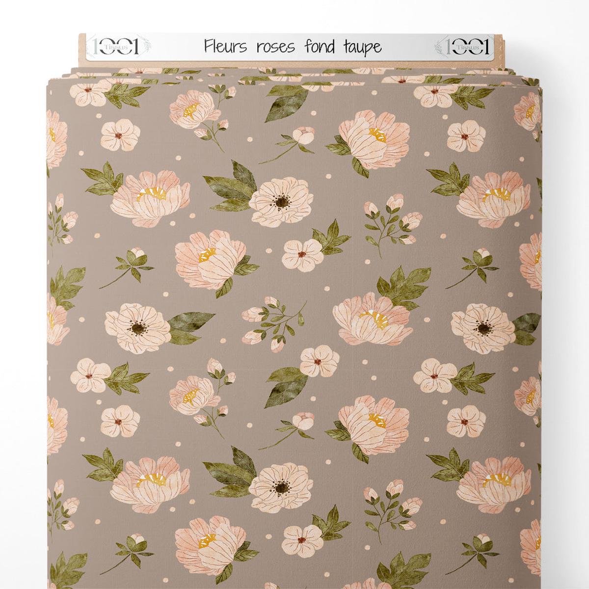 Tissu – Fleurs roses sur fond taupe