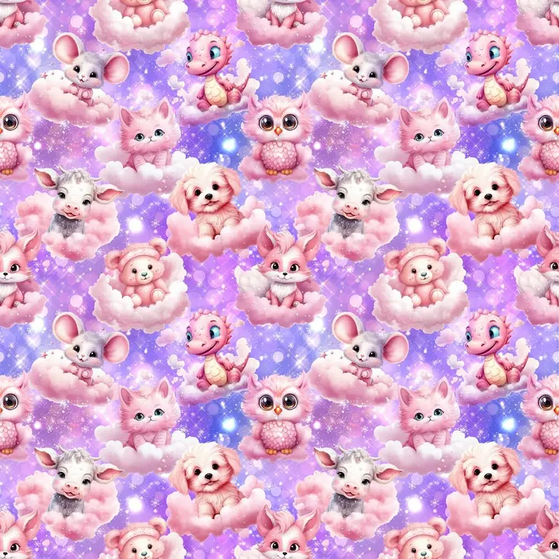 Baby Animals & Snowflakes Floating On Clouds Fabric