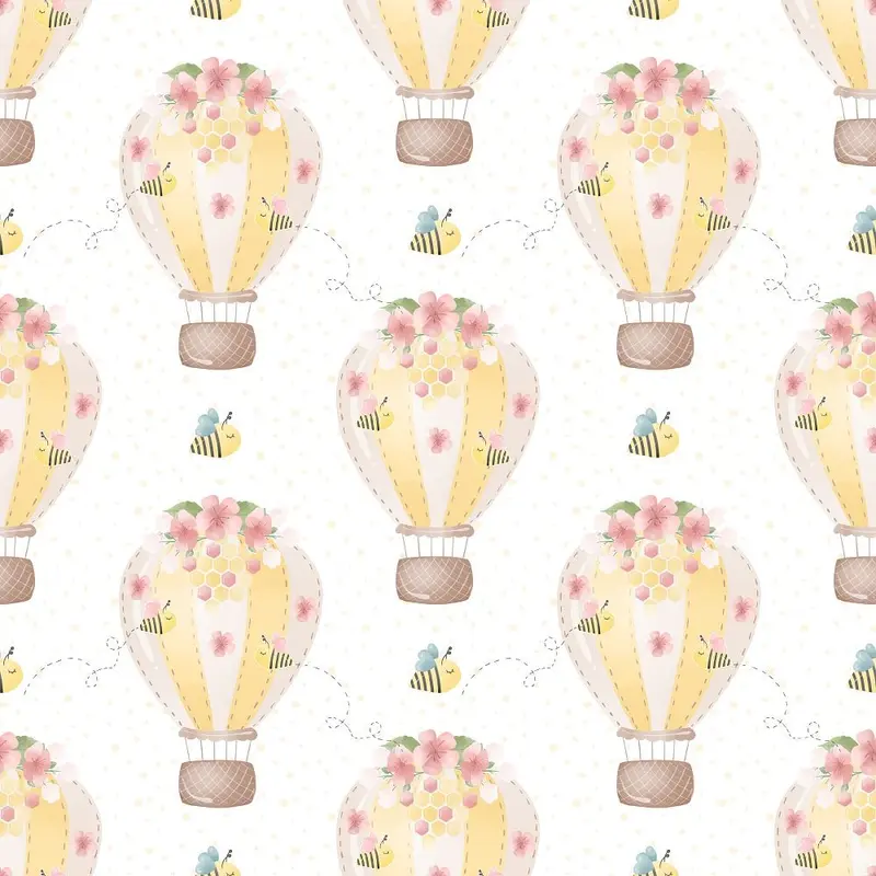 Bumble Bee Bear Hot Air Balloons Fabric – White