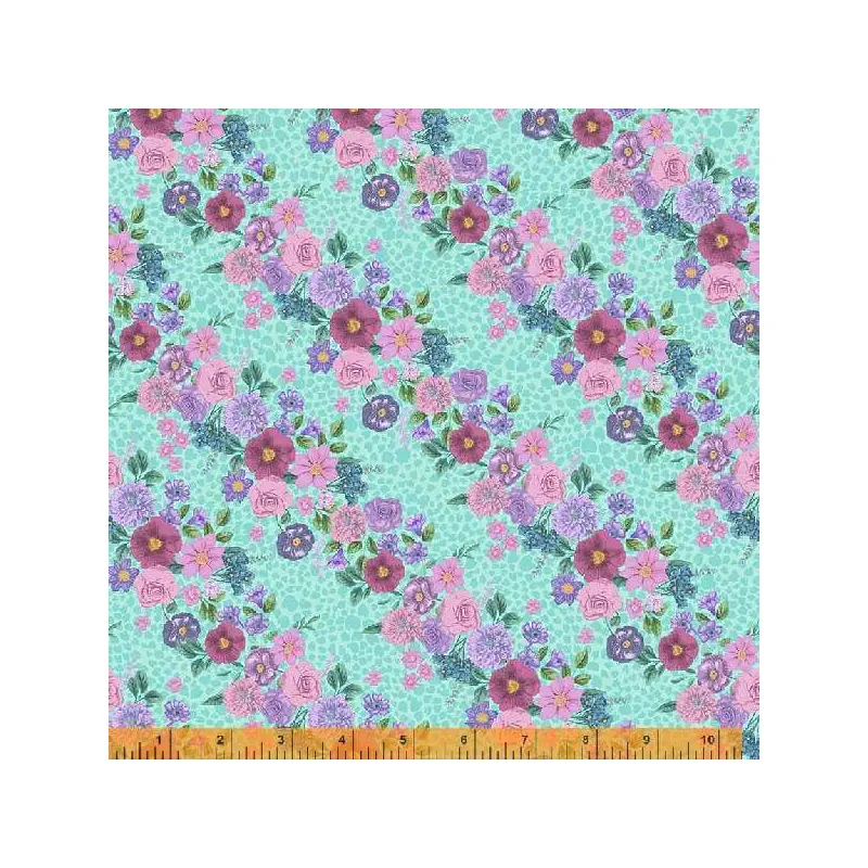 In Bloom Whistler Studios 53372-4 Turquoise Bias Blossom Cotton