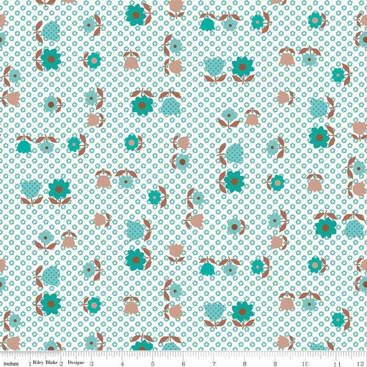 SALE Granny Chic Apron C8514 Teal – Riley Blake Designs – Floral Flowers – Lori Holt – Quilting Cotton Fabric