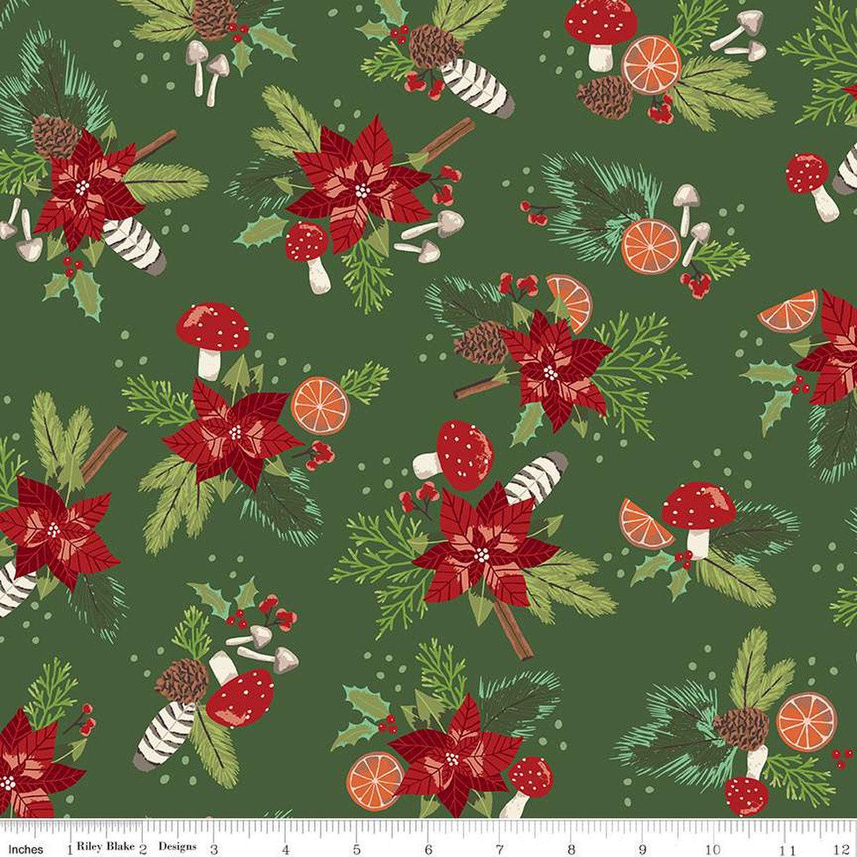 SALE Yuletide Forest Main C13540 Green – Riley Blake Designs – Christmas Pine Needles Cones Poinsettias Holly – Quilting Cotton Fabric