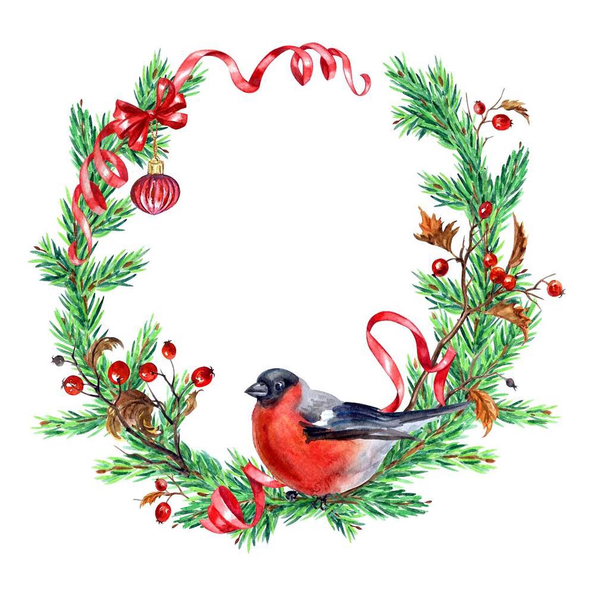 Watercolor Hawthorn Berry Wreath with Bullfinch – White