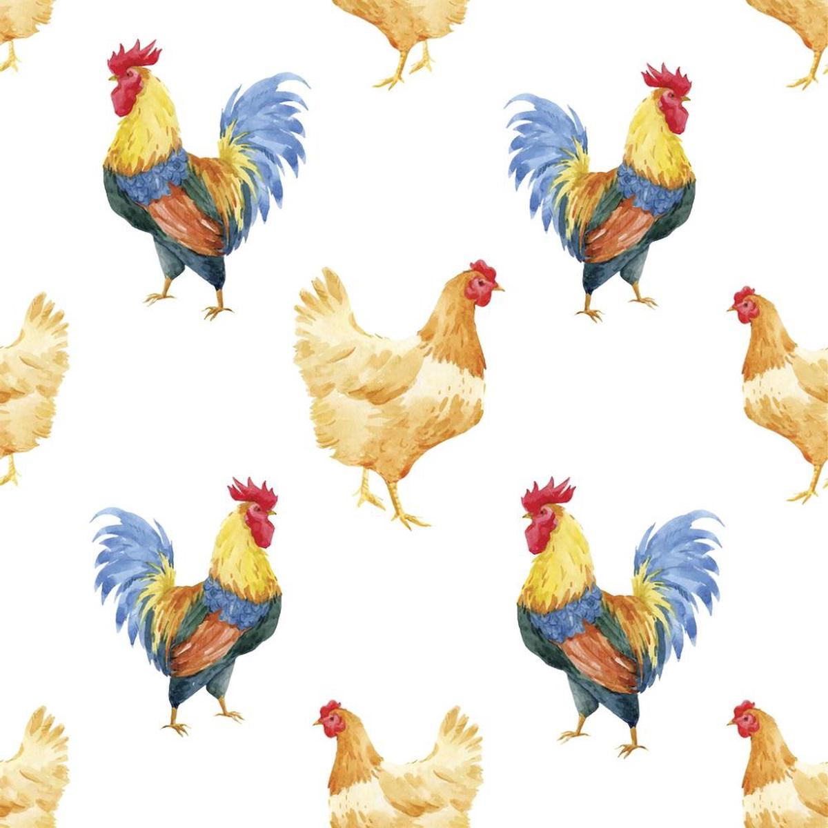 Watercolor Rooster Hen Fabric – White