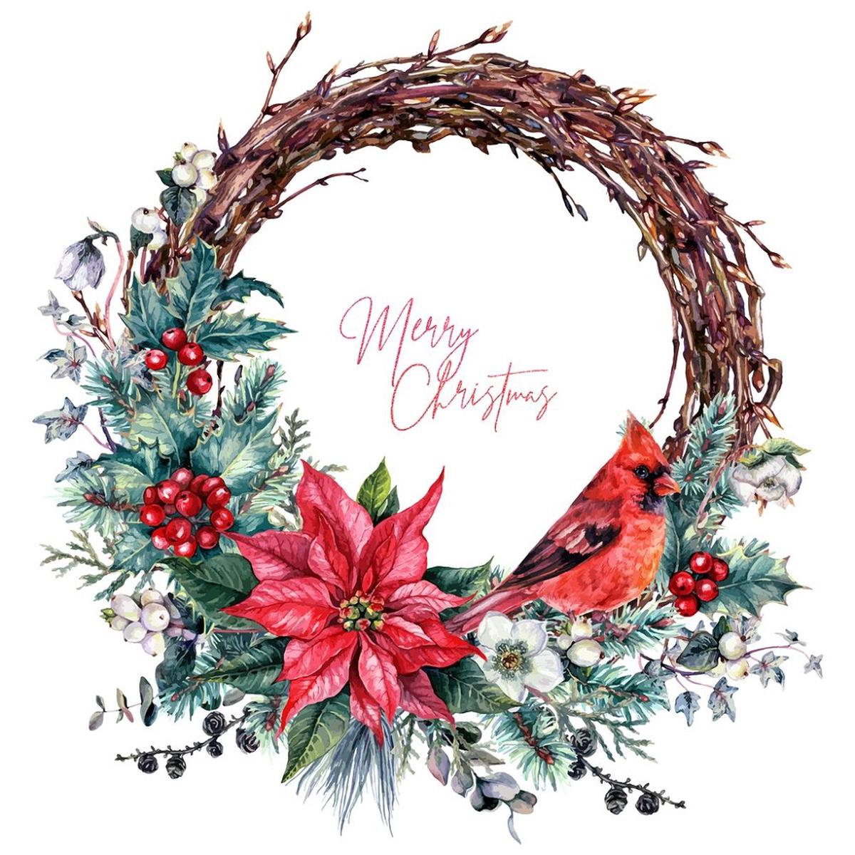 Cardinal Christmas Wreath Fabric Panel – Multi