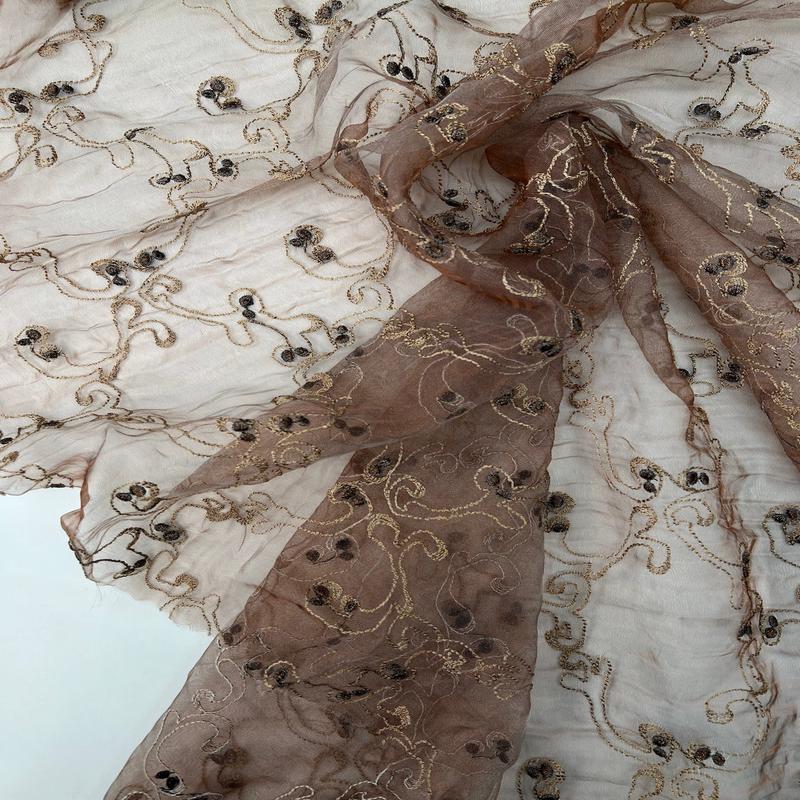 Embroidered Golden Pink Polyester Organza