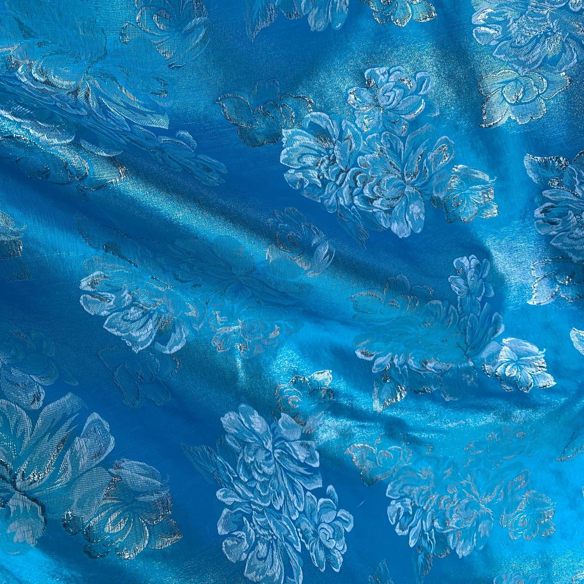 Turquoise & Silver Roses – Faux Silk Brocade Jacquard Fabric