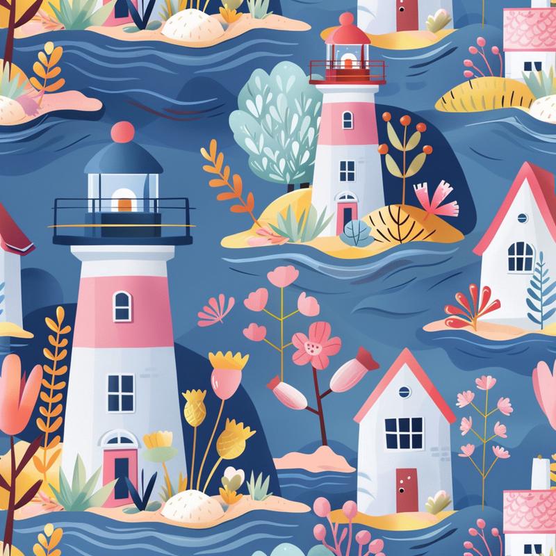 Springtime Lighthouse Scene Pattern 5 Quilting Cotton Fabric