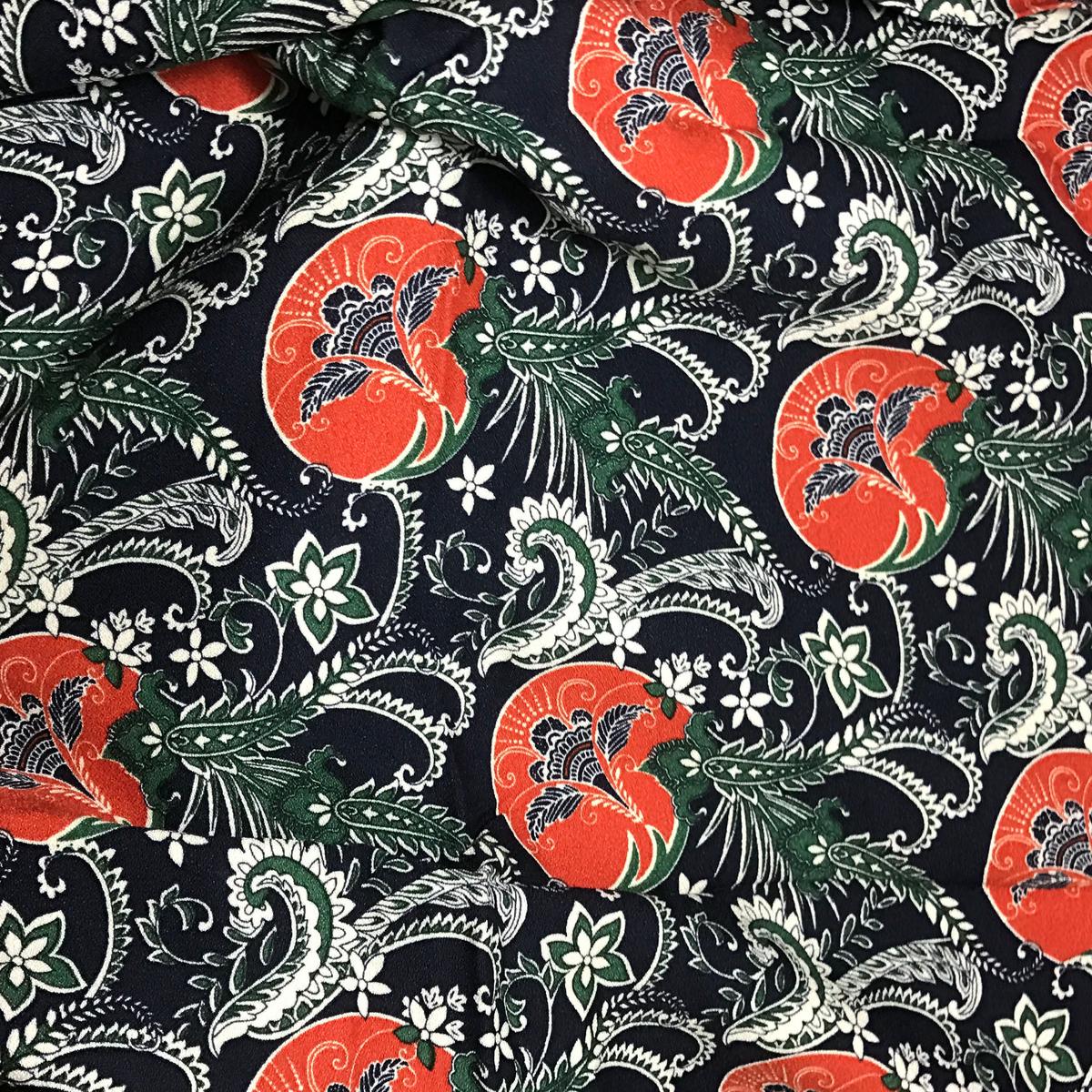 Orange Navy & Green Floral Medallion Paisley – Crepe Fabric