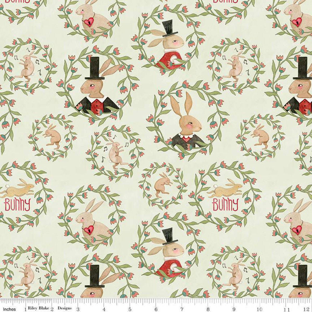 SALE Hop Hop Hooray Bunny Wreaths C14272 Flax – Riley Blake Designs – Easter Folk Art Rabbits – Teresa Kogut – Quilting Cotton Fabric
