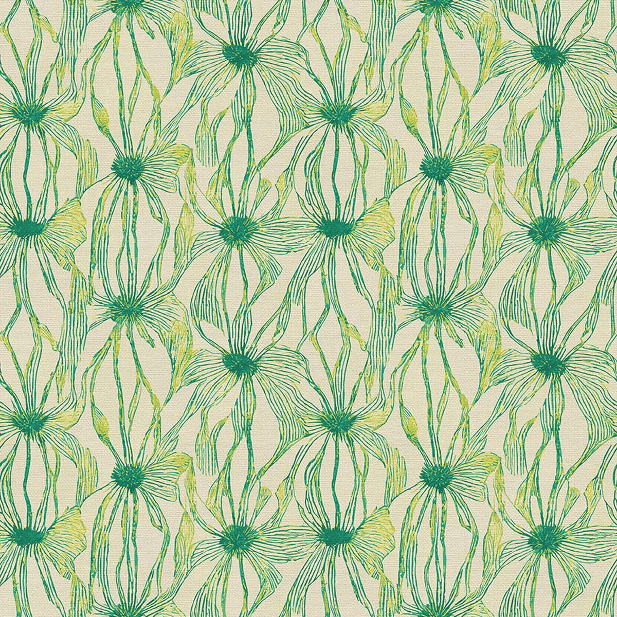 Floral Line Work – Green on Chartreuse – Cotton Wide