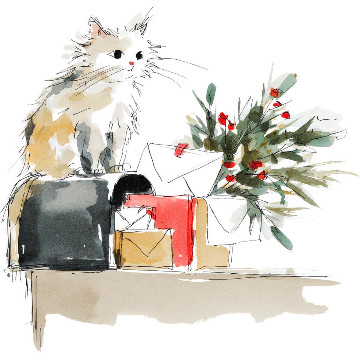 Handdrawn Christmas Cats Fabric Panel 70