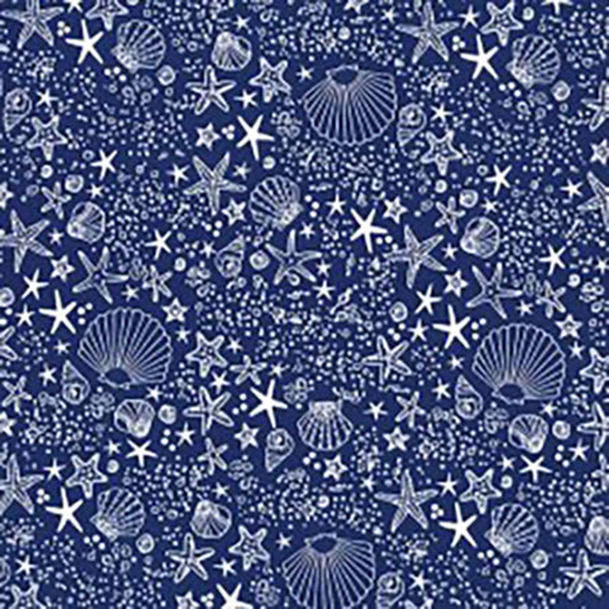 Seashells on Blue Cotton Fabric
