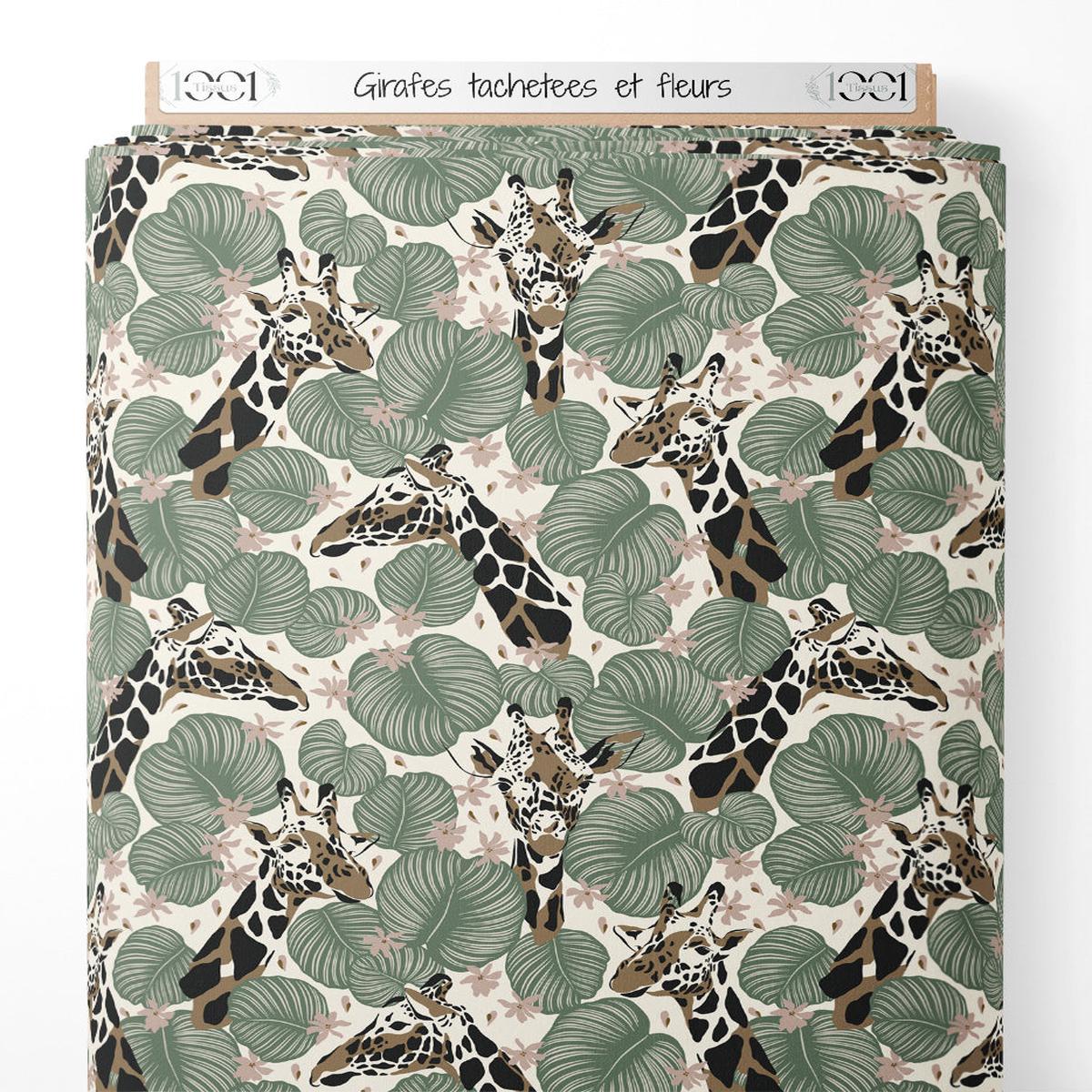 Tissu – Girafes tachetes et fleurs