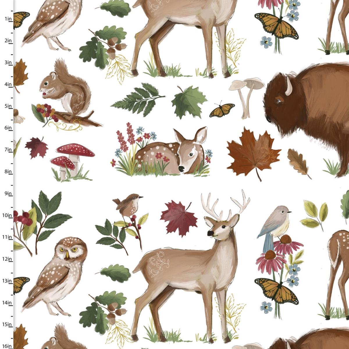 Autumn Meadow Landscape White Cotton Fabric