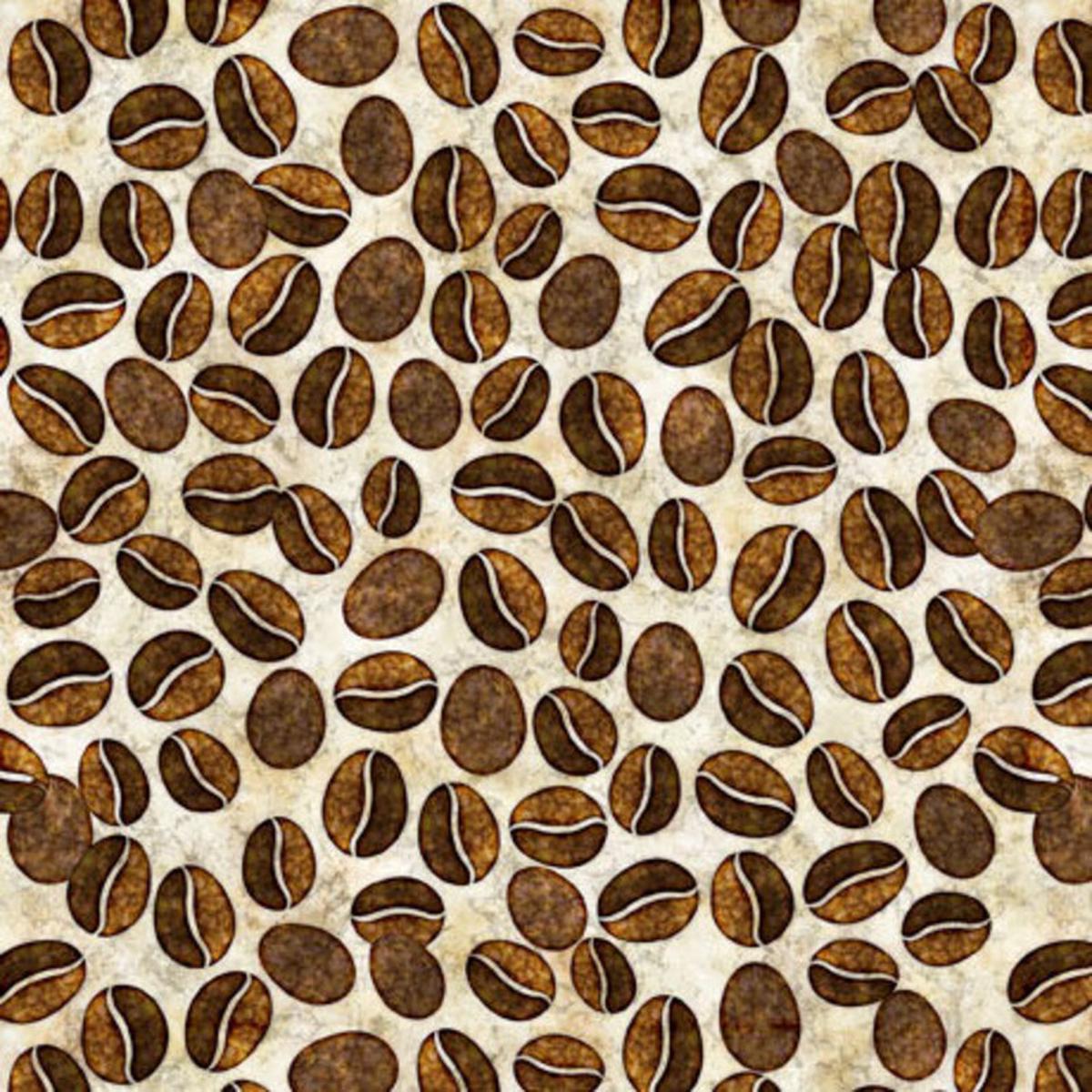 Barista Beans on Tan Cotton Fabric - 1 yard