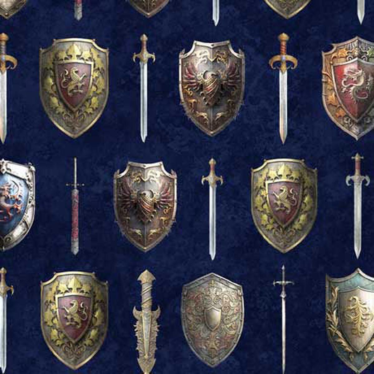 Wizards & Warriors Swords & Shields Navy Cotton Fabric - 1 Yard