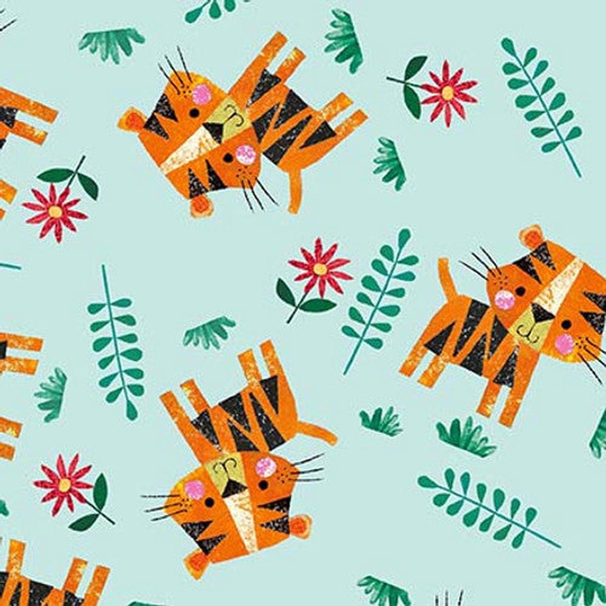 Zoo Crew Tossed Tigers Soft Blue Lindsey Sagar Blank Quilting Cotton Fabric 1/2