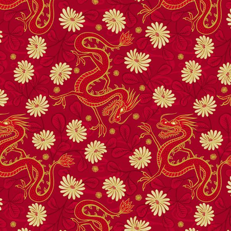 Year of the Dragon Dragons Red Gold Metallic Lewis & Irene Cotton Fabric 1