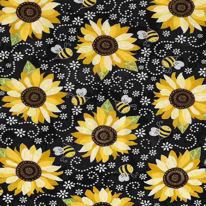 You are my Sunshine Sunflower & Bee in Black Gail Cadden Timeless Treasures Cotton Fabric TT-GAIL-CD5345-BLACK