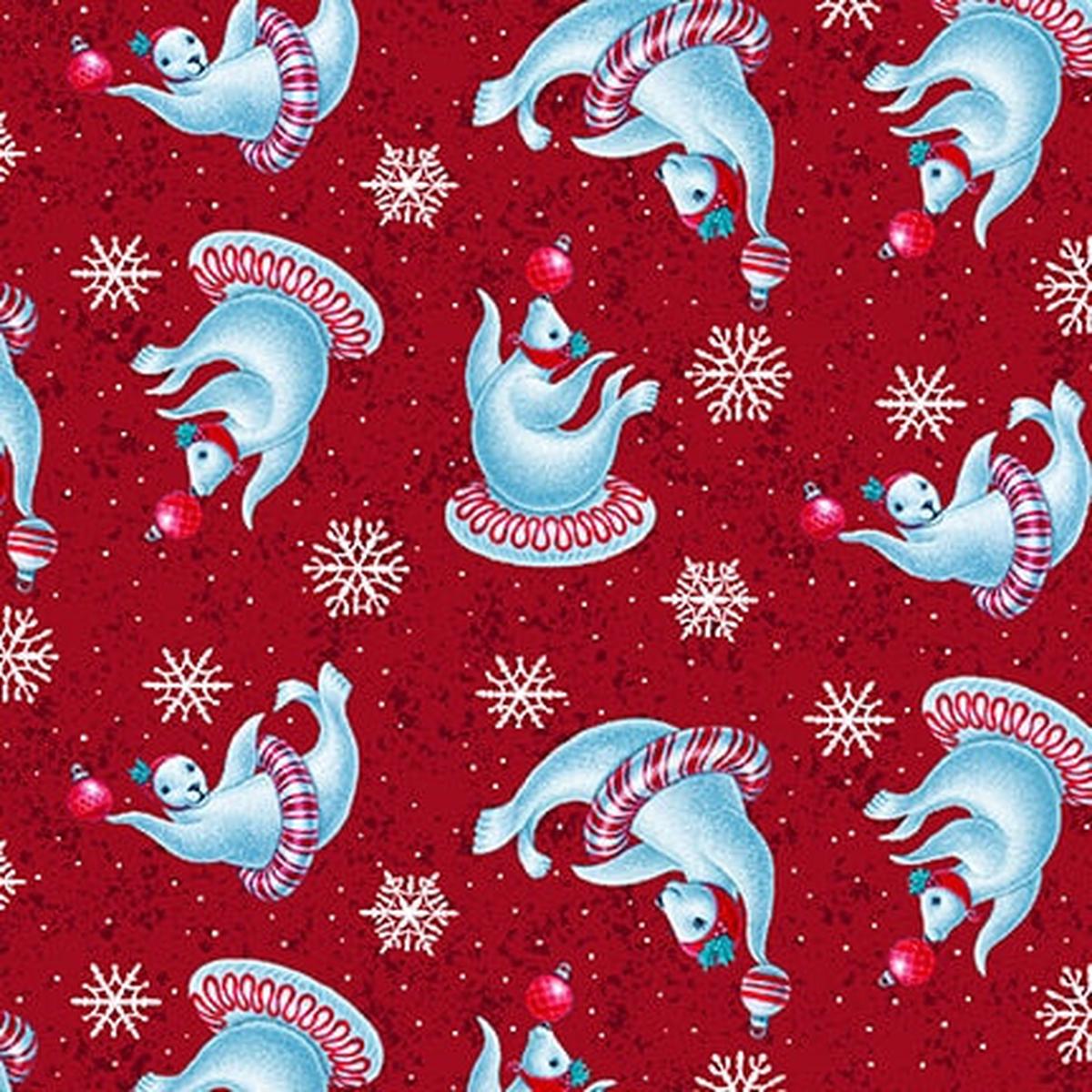 12 Days of Christmas Seals Tossed Red  Sue Ellen Brown Studio E Cotton Fabric 1