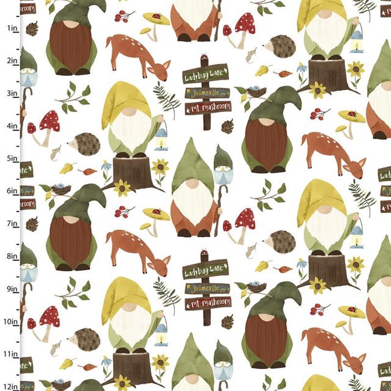 You Light My Way Gnome Gnomeville Gnome Mushroom White Deane Beesley 3 Wishes Cotton Fabric