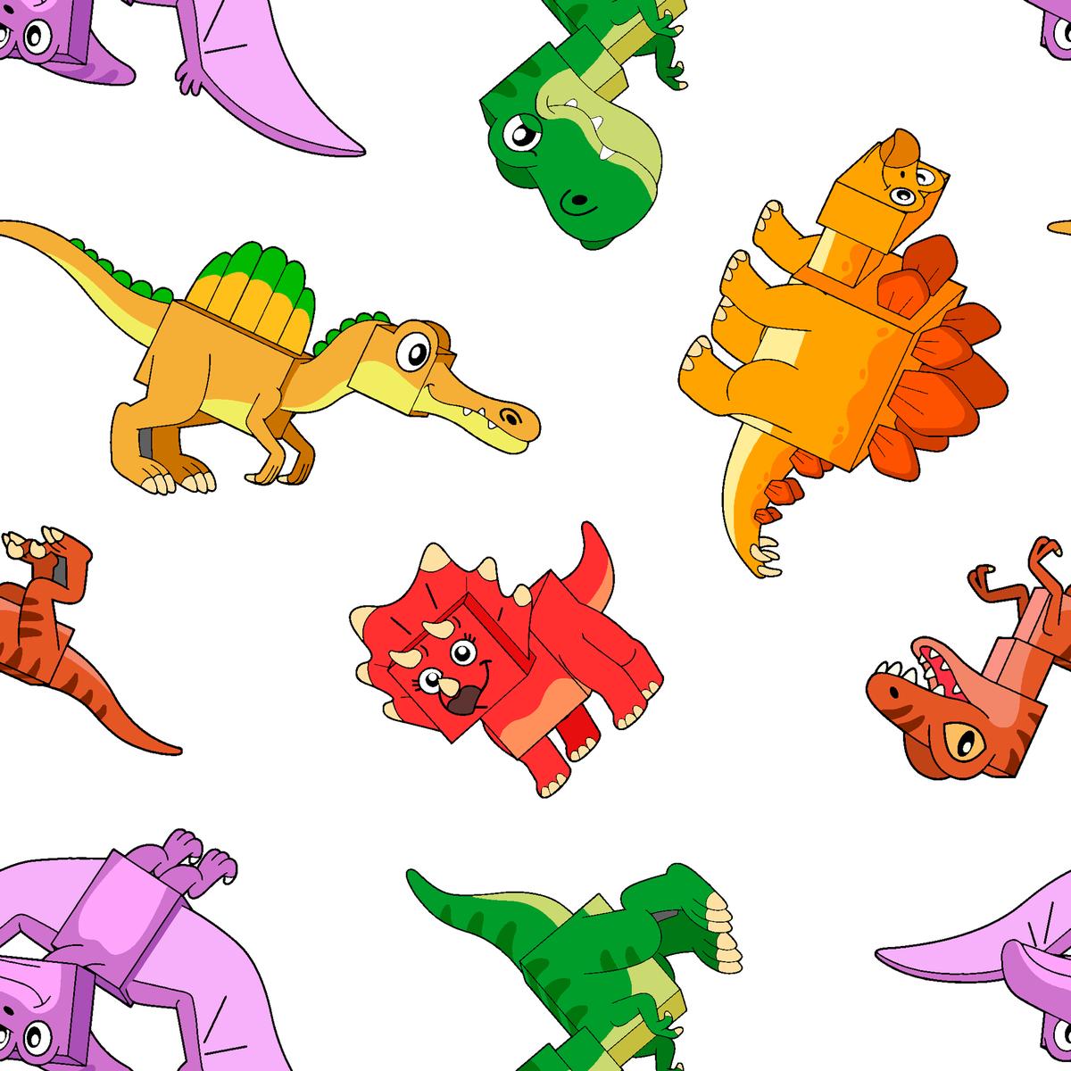 English Tree Colorful Cartoon Dinosaurs on White Fabric