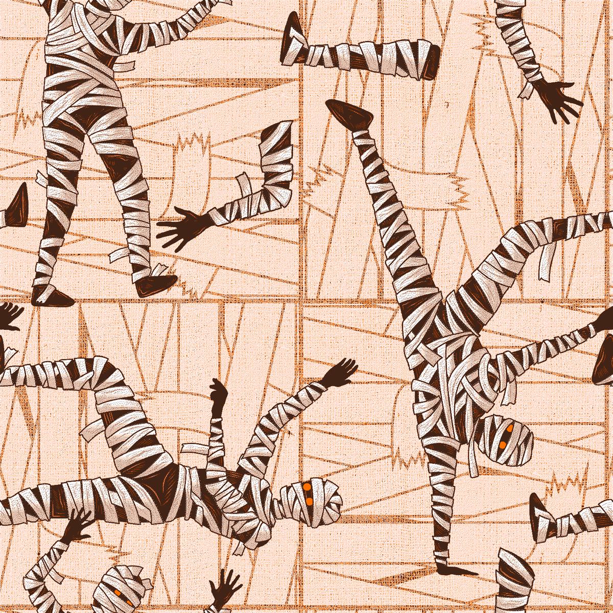 Kate Ward Thacker Halloween Mummy on Orange Fabric