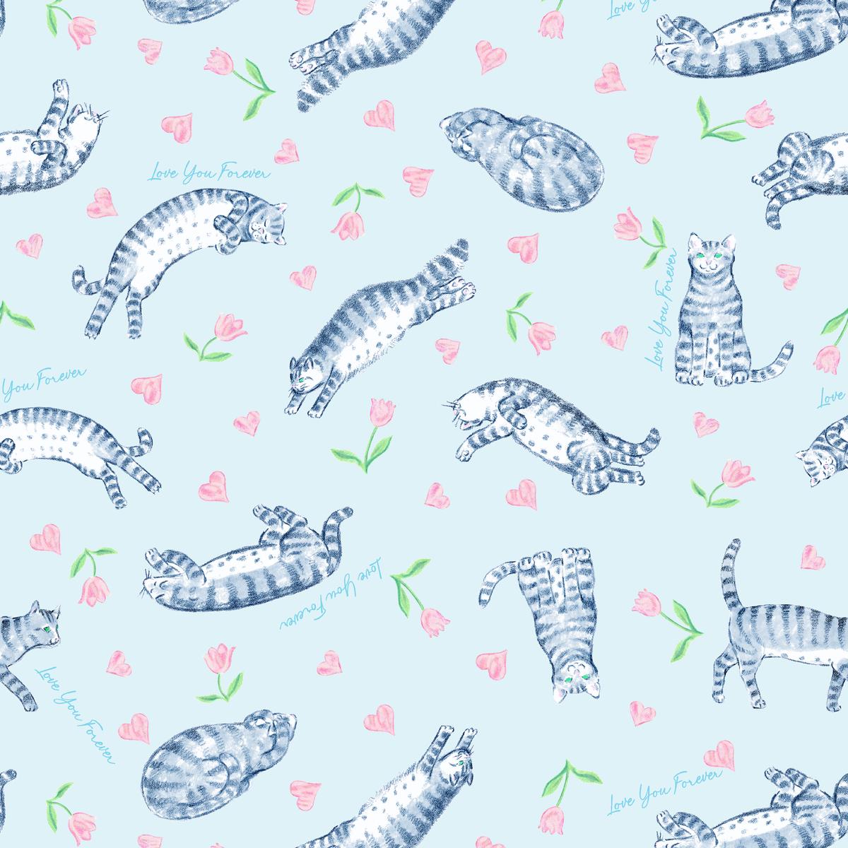 Love You Forever Cats and Tulips on Blue Fabric