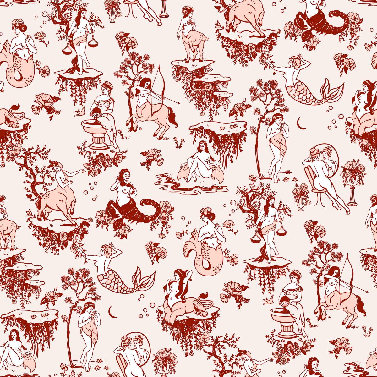 Whiskey Ginger Zodiac Toile Red Fabric
