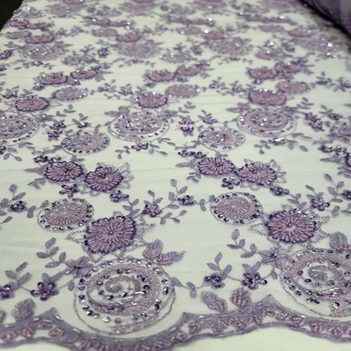 "Lavender Beaded Lace Fabric with Sequins & Floral Embroidery by the Yard"