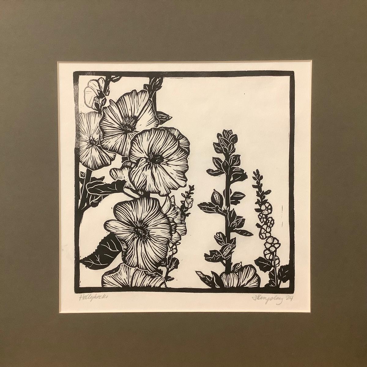 Hollyhocks Rubber Block Print with Charcoal Mat