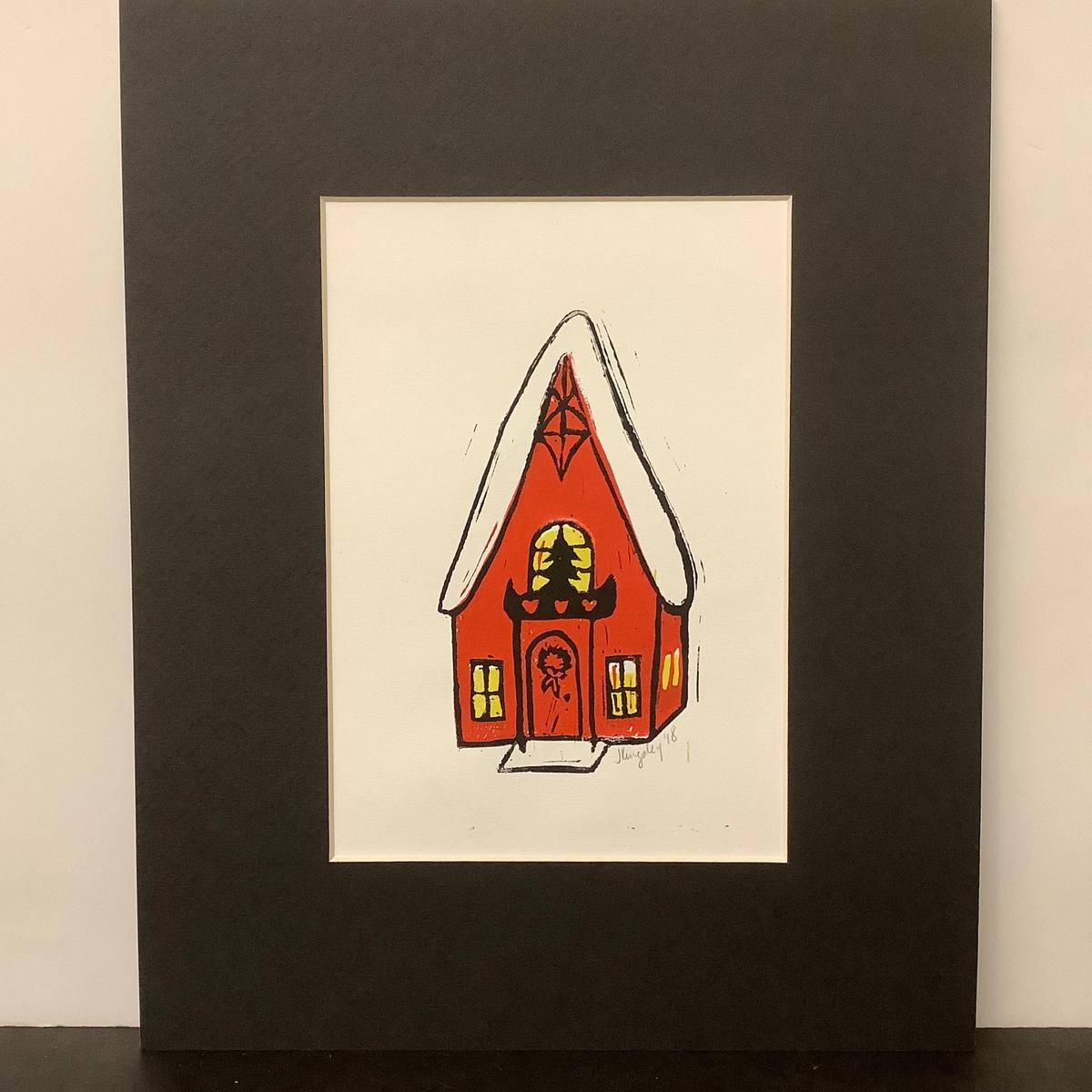 Winter Cottage Red, Block Print with Black Mat