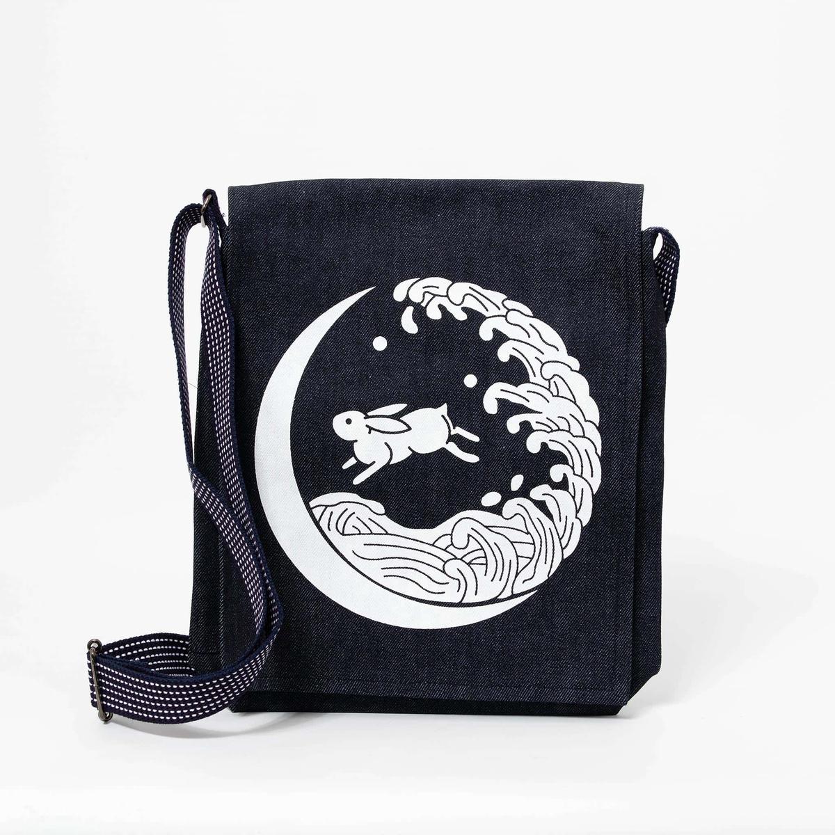 Kurashiki Denim Indigo Shoulder/Crossbody Bag - Moon Rabbit and Waves