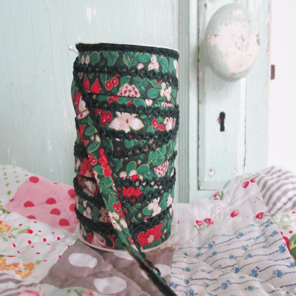 Double Fold Crochet Edge LACE BIAS TAPE - BLACK CHRISTMAS (SOLD BY THE YARD)