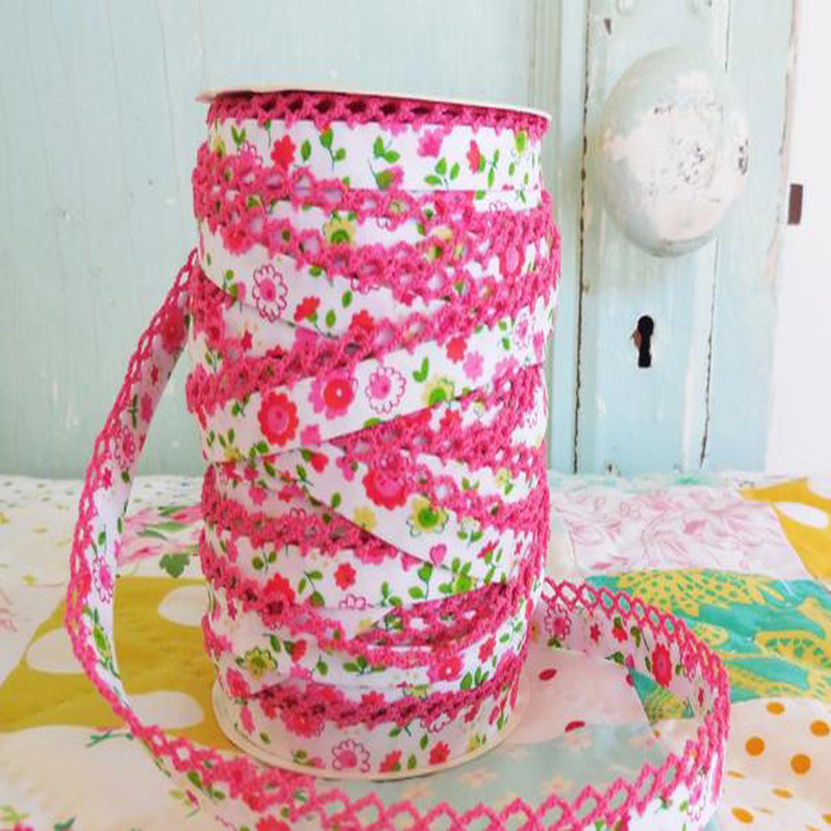 Double Fold Crochet Edge LACE BIAS TAPE - FUCHSIA FLORAL (BY THE YARD)