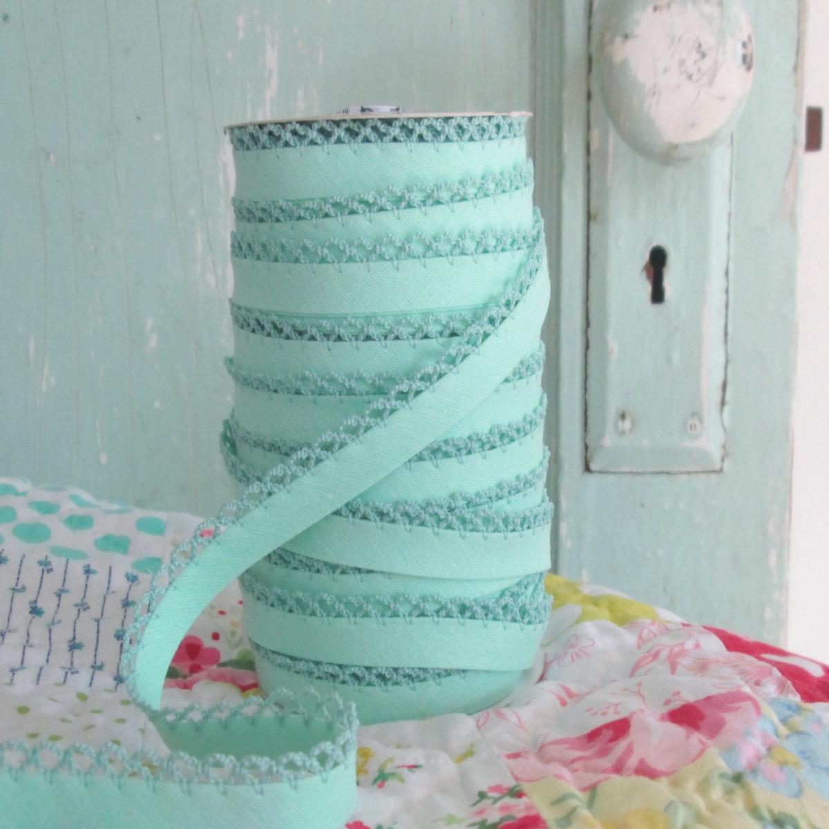 Double Fold Crochet Edge LACE BIAS TAPE - MERMAID AQUA (BY THE YARD)