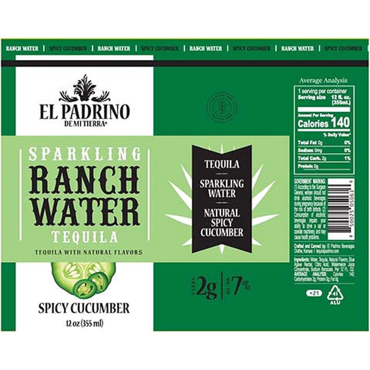 El Padrino Sparkling Ranch Water Tequila Spicy Cucumber - 12OZ SINGLE CAN