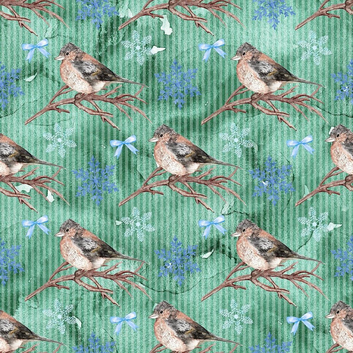 Let It Snow Birds on Branches on Stripes Fabric