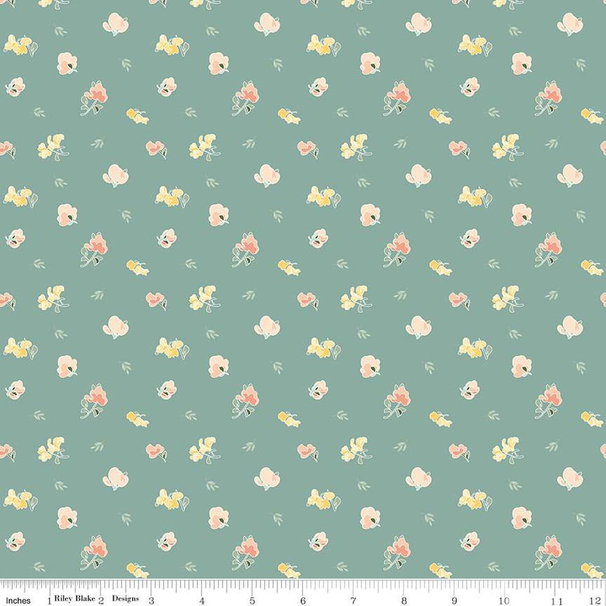 SALE New Beginnings Sweet Peas C15752 Teal – Riley Blake Designs – Blossoms Flowers Leaves Floral – Quilting Cotton Fabric