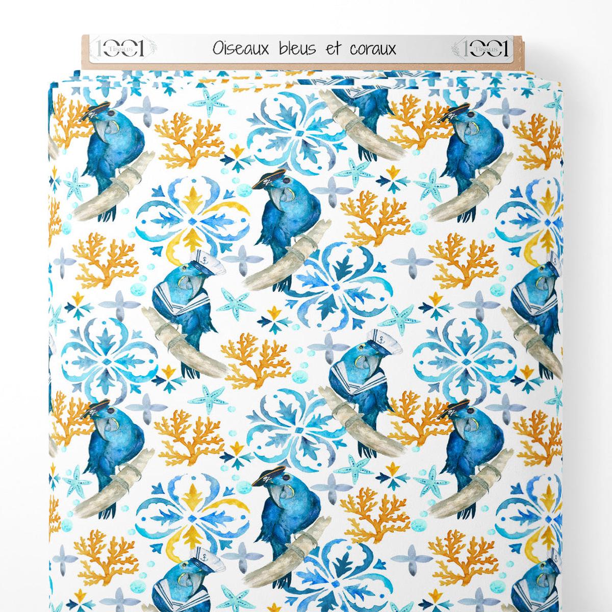 Tissu – Oiseaux bleus et coraux